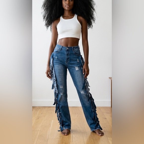 Upcycled Denim - Upcycled Women’s Blue Distressed Fringe Jeans size XL